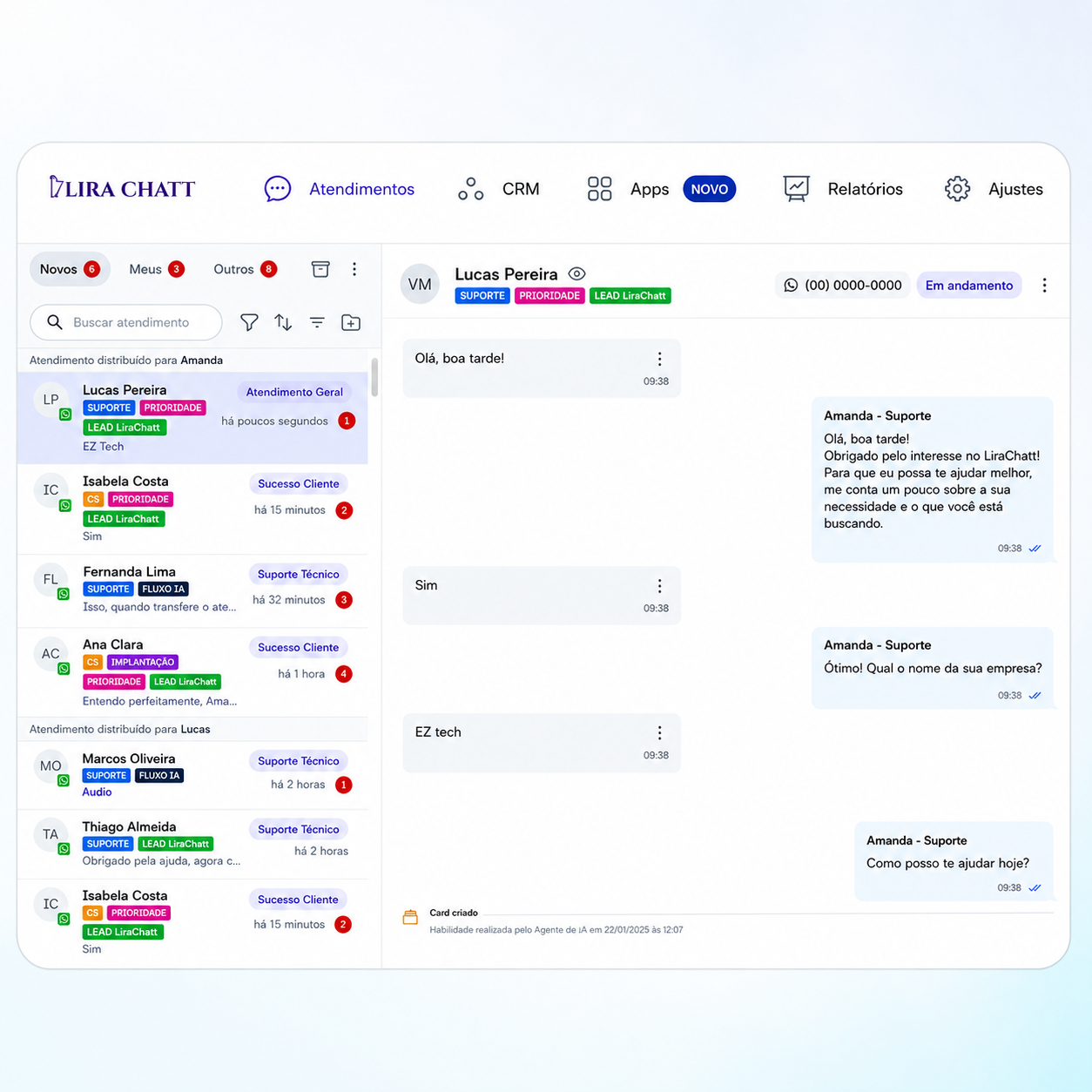 Sistema de atendimento e CRM da LiraChatt